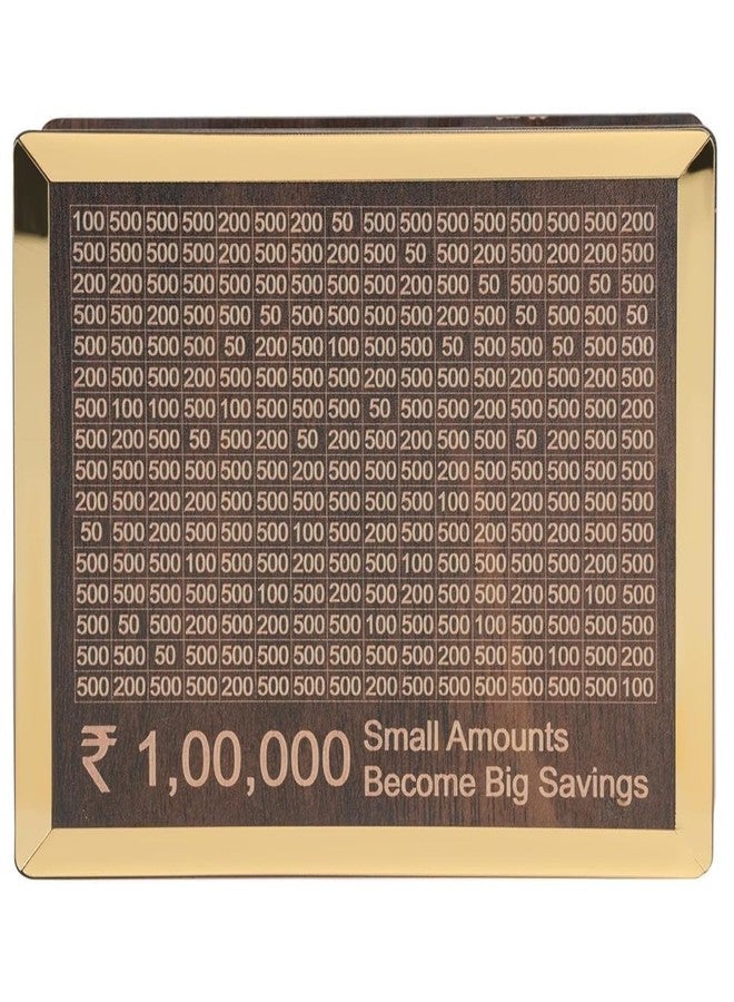 BHUMLO Wooden Piggy Bank for Kids & Adults, Coin Box with Carved Design, Savings Box, Mini Bank, Donation Box, Smart Money Box, Wooden Coin Box, Piggy Bank with Numbers (Golden Money Bank) - Image 1